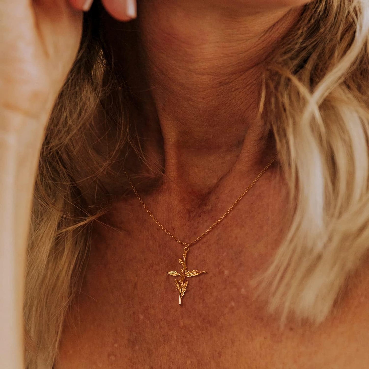 Gold Birth Flower Cross Necklace for Women 12 Month Faith Pendent 18K Gold Plated 2MM Twist Rope Chain Personalized Religious Birthday Jewelry for Her