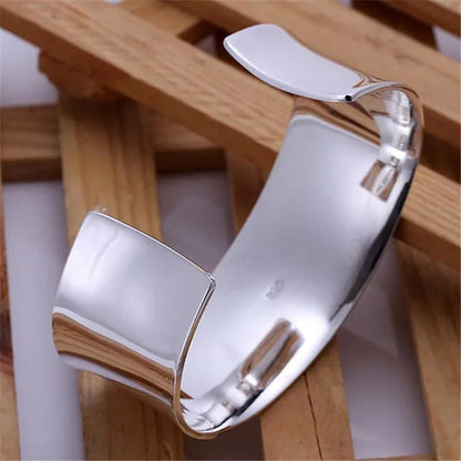 Exquisite 925 Silver Color Smooth Wide Open Bangle Bracelets for Women Man Fashion Party Wedding Jewelry Valentine's Gift