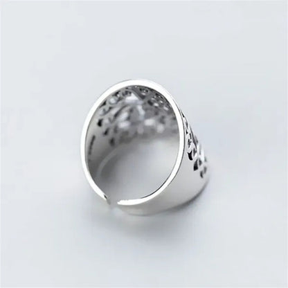 Wide Face Hollow Flower Vintage Open Ring 925 Pure Silver Carving Women's Ring Size Adjustable Opening