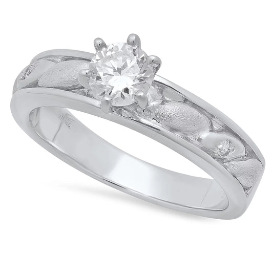 Round CZ Solitaire 4.1Mm Sterling Silver Italian Crafted Ellipse Inlay Engagement Ring, Size 6 + Bonus Cloth