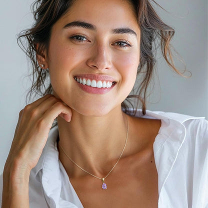 Amethyst Necklace in 14K Yellow Gold Plated - Dainty Teardrop Pendant, 7X10Mm February Birthstone Amethyst Gemstone - Handmade Bridal Wedding Jewelry for Brides and Classy Women