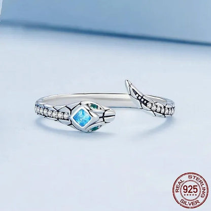925 Sterling Silver Snake Shape Opening Ring for Women Shiny Zircon Ring