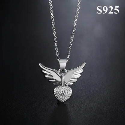Pretty Women's 925 Sterling Silver Heart Shaped Angel Wings Pendant Diamonds Necklace(with Chain)