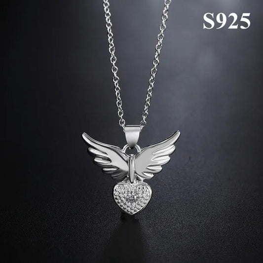 Pretty Women's 925 Sterling Silver Heart Shaped Angel Wings Pendant Diamonds Necklace(with Chain)