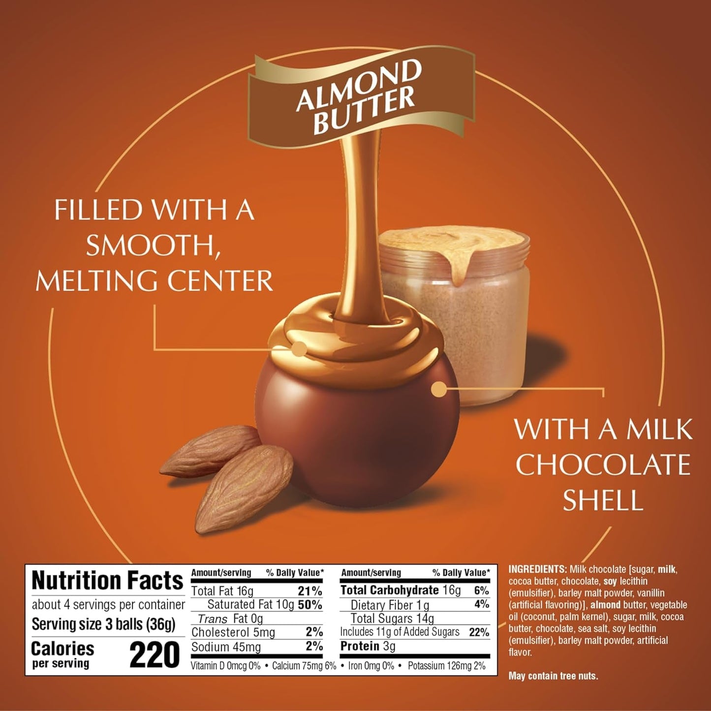 LINDOR Almond Butter Milk Chocolate Candy Truffles, Milk Chocolate with Almond Butter, 5.1 Oz. Bag