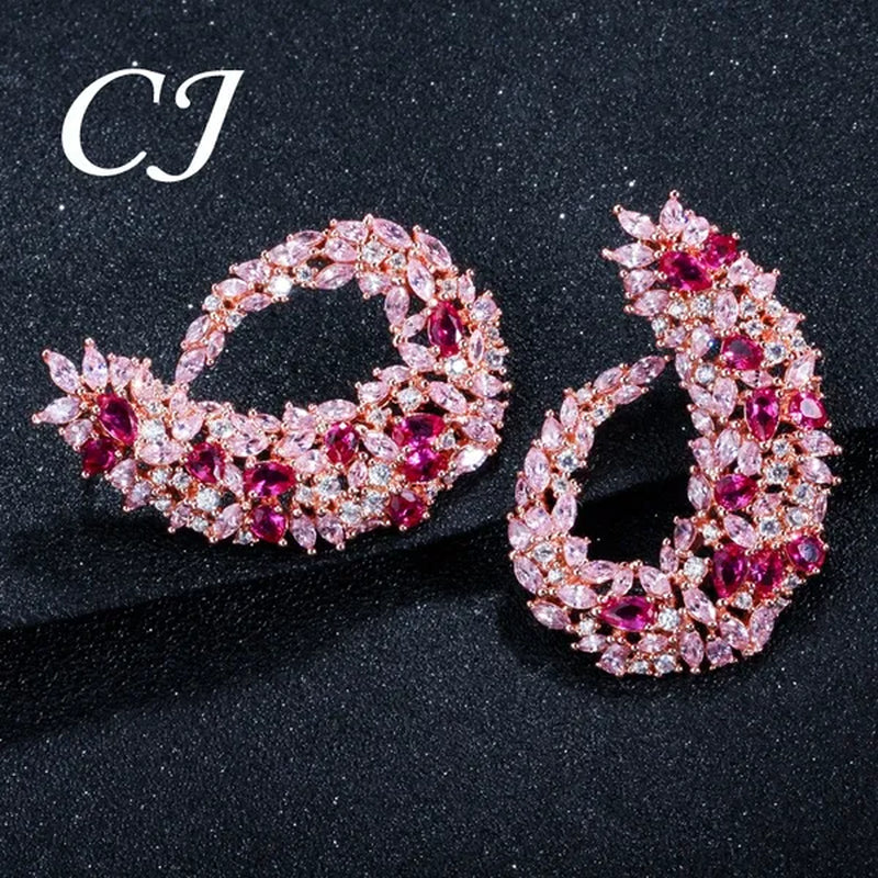 CANDICE Luxury 18K Rose Gold Plated Full Pave Multi Shape Rose Red And Pink Color CZ Zirconia Wedding Big Stud Earrings Romantic Party Jewelry for Brides