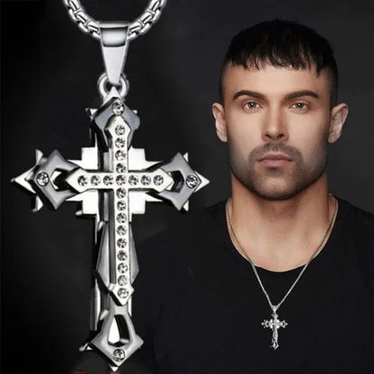Fashion Men's Creative Diamond Cross Necklace Double Pattern Jesus Cross Pendant Hip Hop Necklaces for Men Cross Jewelry Religious Belief Amulet Birthday Anniversary Gift