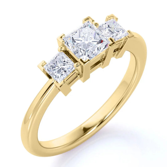 Modern 0.50 Carat Princess Cut Diamond - 3 Stone Engagement Ring - past Present Future Ring - 10K Yellow Gold