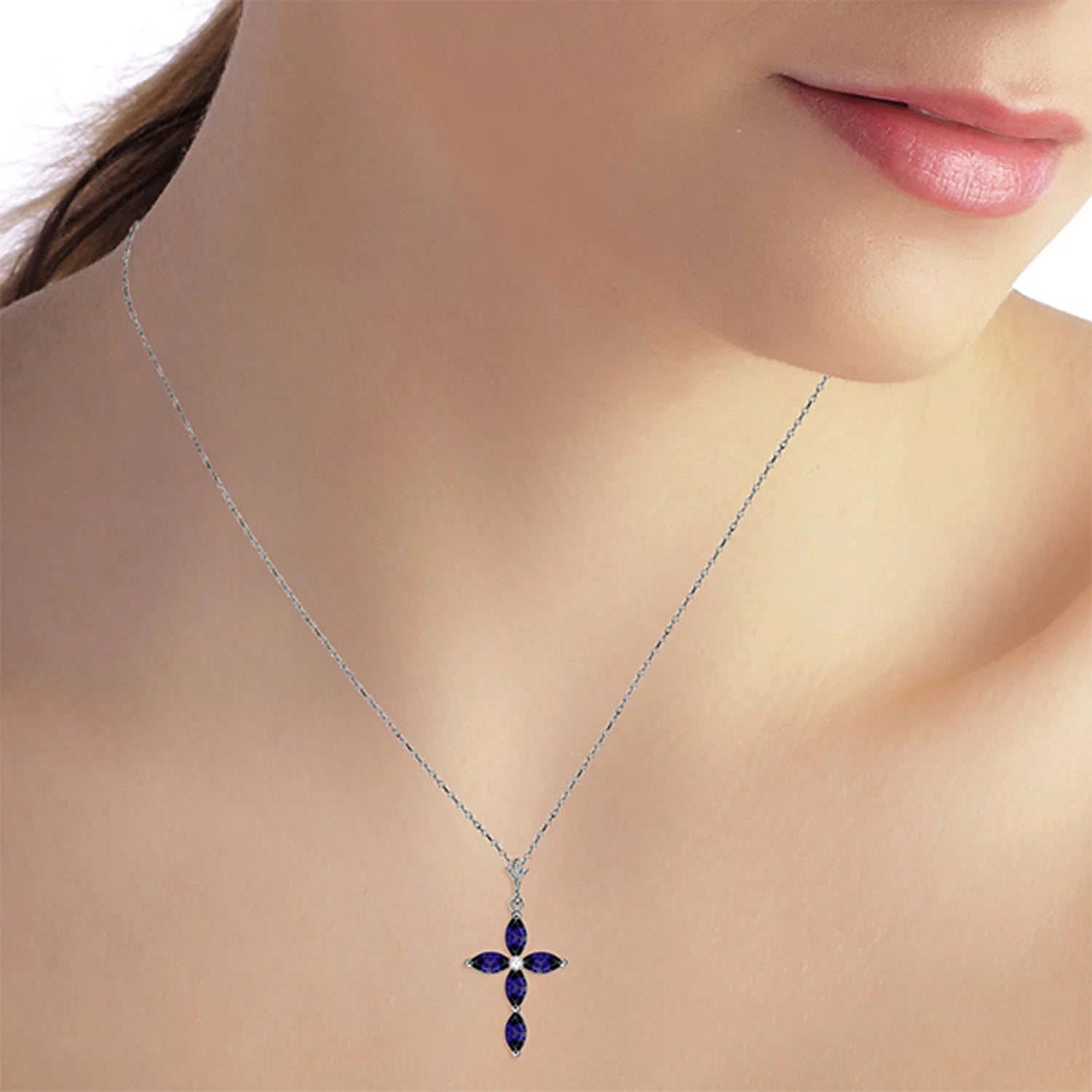 14K14" White Gold Genuine Diamond & Blue Sapphire Cross Pendant Necklace