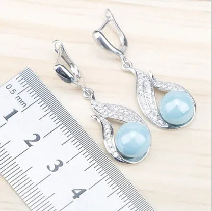 Elegant Lady Ring Earrings Bracelet Necklace 925 Silver Jewelry Set Exquisite Wheat Ear Sky Blue Gem Pearl Party Jewelry Wedding Engagement Set Jewelry Anniversary Gift Ring Size 5-11