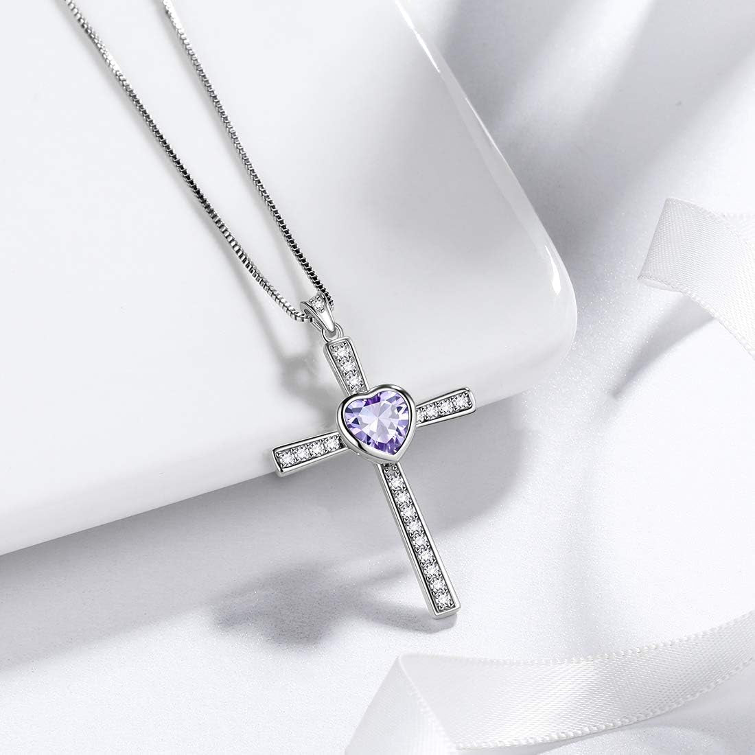 Heart Birthstone Necklace/Ring,925 Sterling Silver Women Cross/Heart 12 Birth Stones Jewelry for Birthday Gift Anniversary Wedding