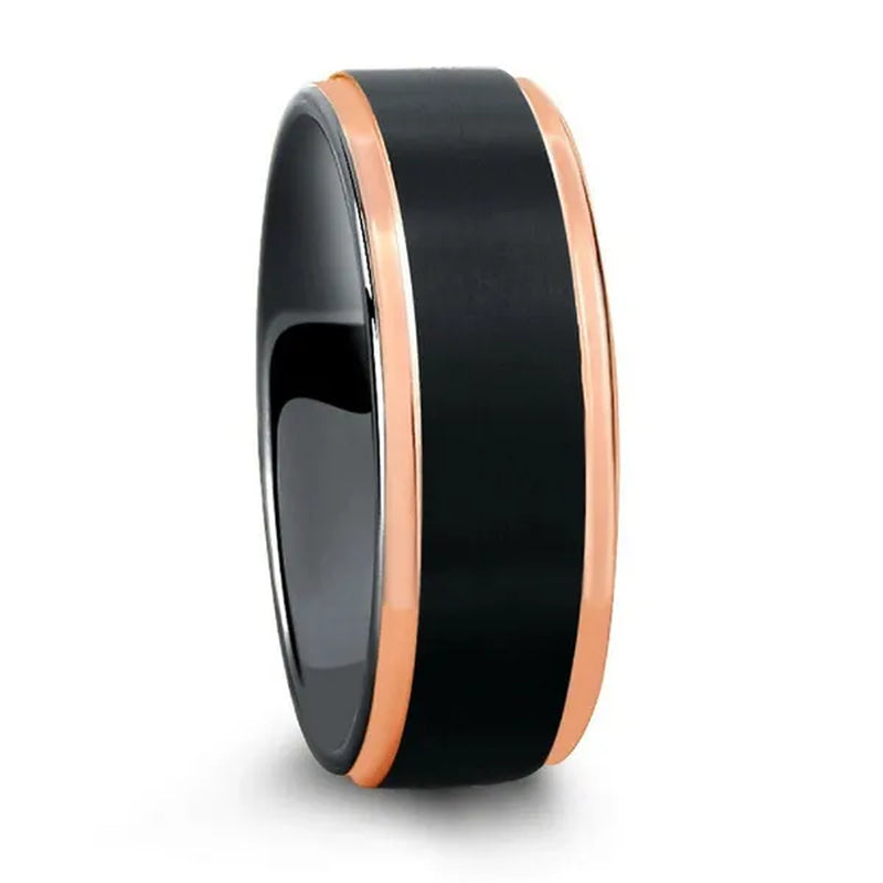 Men's black tungsten ring with rose gold edge plating wedding band for men jewelry ring size 6-13