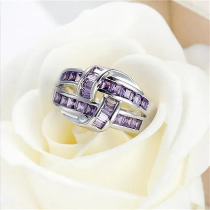 Princess Silvering Purple Amethyst Gemstone Birthstone Wedding Engagement Heart Ring