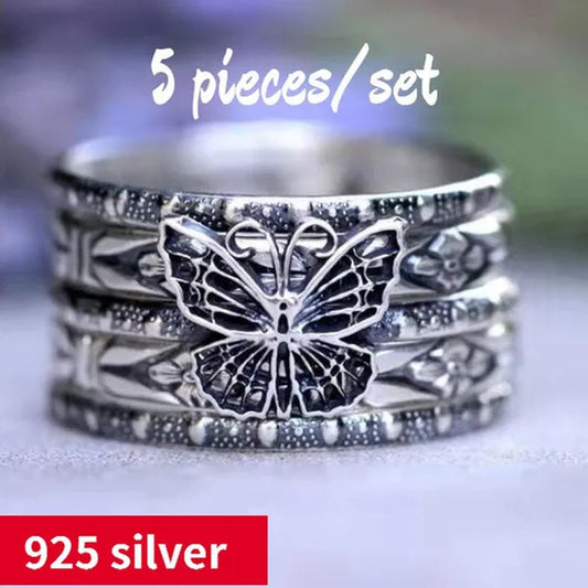 5Pcs/Set Vintage Butterfly Ring for Women Fashion Bohemia Trend Hip-Hop Animal Stacking Ring Wedding Ring Anniversary Jewelry Gift Size:5-11