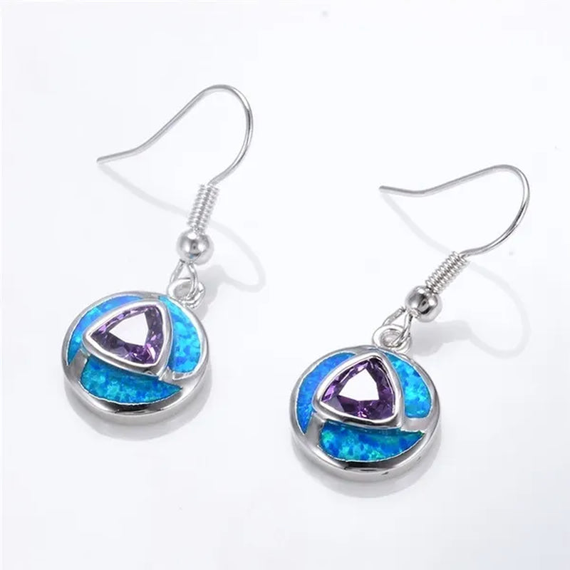 Boho Unique Round Blue Fire Opal 925 Sterling Silver Drop Earrings Amethyst Zircon Female Wedding Party Earrings Best Gift