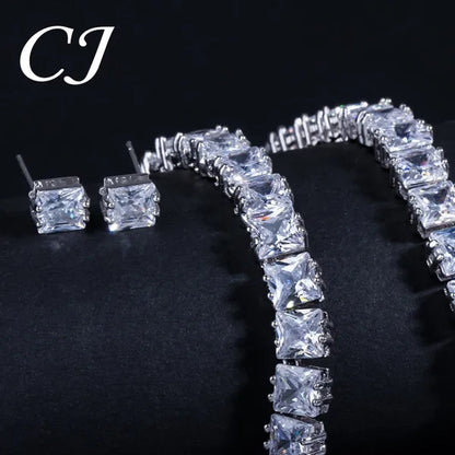 CANDICE Platinum Plating Elegant Party Jewelry Set Pave Glittering Princess Cut Pure Zirconia Choker Necklace Earrings and Bracelet for Women Wedding Gift