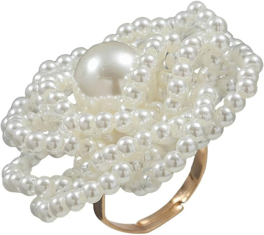 Pearl Ball Flower Statement Ring for Women Girls Gold Tone Handmade Adjustable Expandable Artificial Pearls Bead Cluster Open Wrap Finger Rings Comfort Fit Fashion Wedding Christmas Theme Party Jewelry Gift