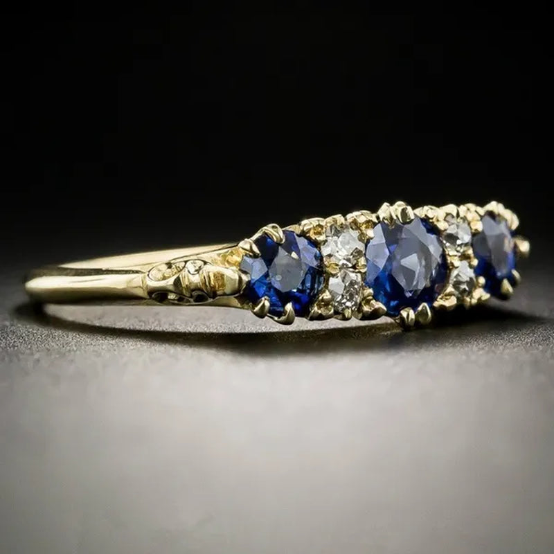 Fashion Women Art Deco Design Jewelry 18K Yellow Gold Ring Victorian Blue Sapphire and Diamond Carved Floral Ring Round Gemstone Wedding Rings Size 6 7 8 9 10