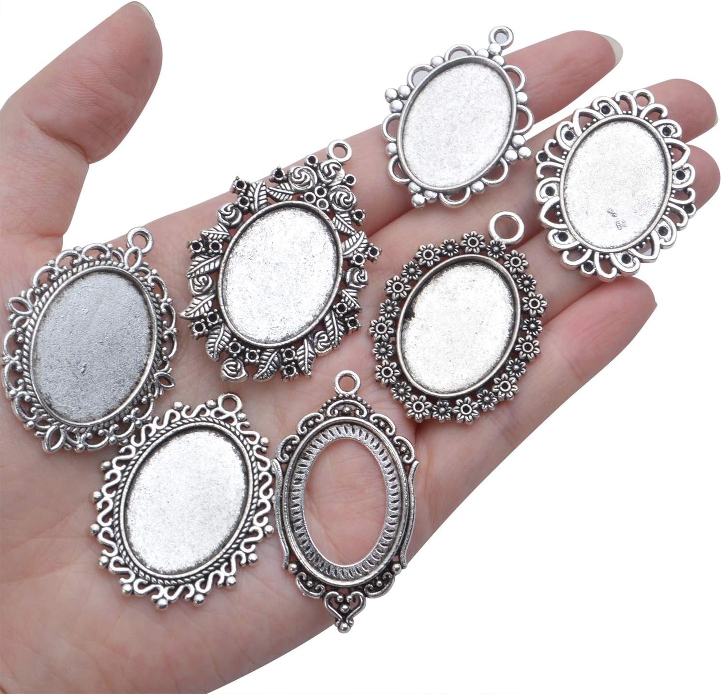 16 Pieces Bezel Pendant Trays, 18X25Mm Oval Pendant Trays Bezels Cabochon Settings Trays Pendant Blanks for Crafting DIY Jewelry Making - 8 Styles, Antique Silver