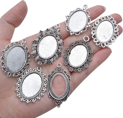 16 Pieces Bezel Pendant Trays, 18X25Mm Oval Pendant Trays Bezels Cabochon Settings Trays Pendant Blanks for Crafting DIY Jewelry Making - 8 Styles, Antique Silver