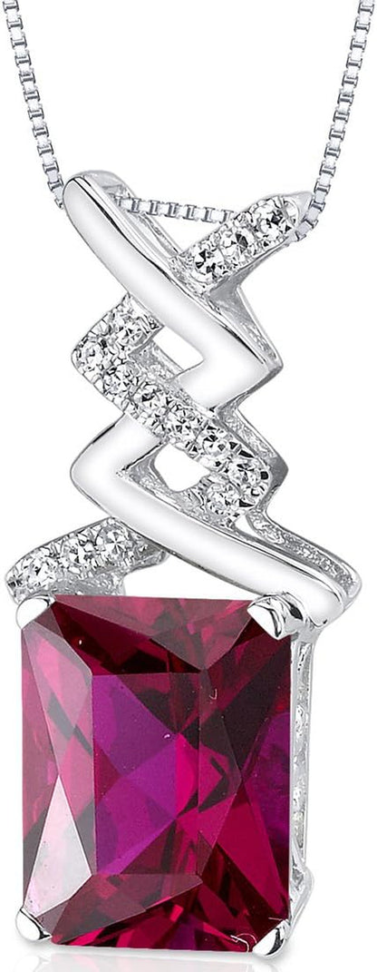 14K White Gold 4.06 Carats Created Ruby and Genuine Diamond Pendant, AAA Grade Radiant Cut Solitaire