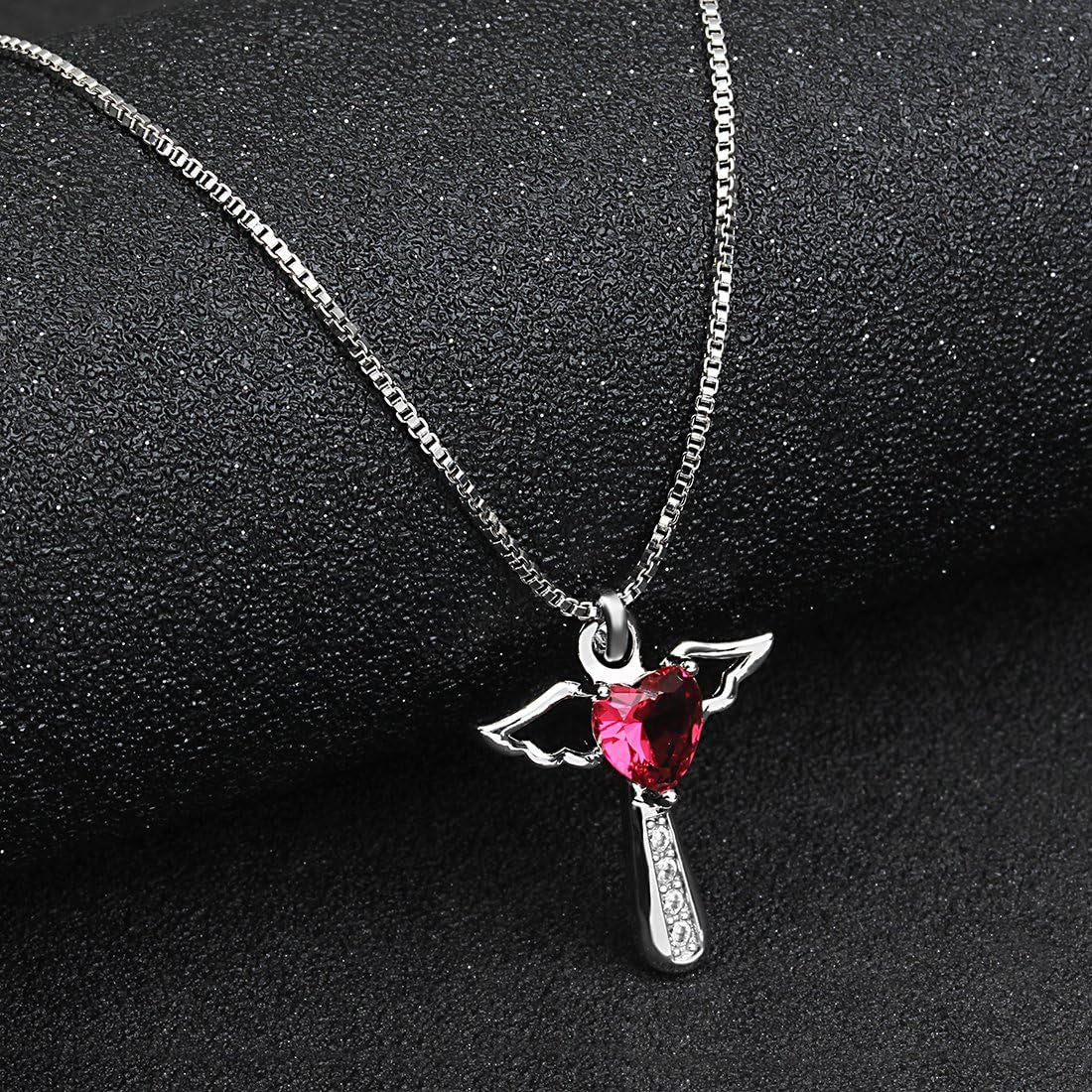 Angel Birthstone Necklaces Heart Cross Necklace for Women Cubic Zirconia Angel Wing Birthstone Heart Charm Pendant Necklace Gifts for Valentine,Birthday