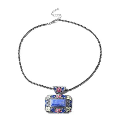 Shop LC Lapis Lazuli Enameled Stainless Steel Pendant with Hematite Beads Necklace 18" Fashion Bridesmaids Delicate Gift for Women