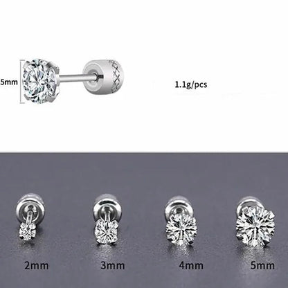 1Pc/1Pairs Silver Plated Cubic Zirconia Stud Earrings for Women Men Stainless Steel Jewelry Size: 2-6Mm