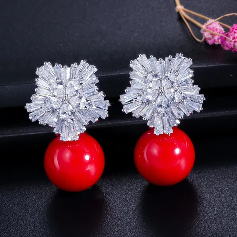 Gloriya High Quality Red Pearl Pendant Necklace Earrings Sets With Sparkling CZ Zirconia Snowflake Christmas Jewelry Set For Women Gifts