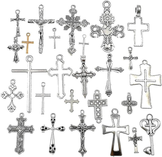 Christian Cross Charm Assorted Alloy Crucifix Pendant Connector for DIY Necklace Bracelet Jewelry Making Accessaries(25Pcs,Antique Silver)