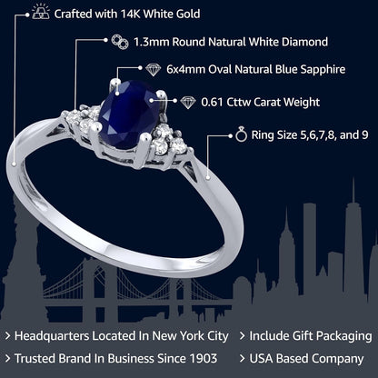 14K White Gold Blue Sapphire and White Diamond Engagement Ring for Women (0.61 Cttw, Gemstone Birthstone, Available 5,6,7,8,9)