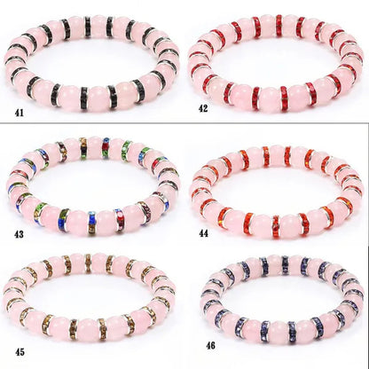 Natural Stone Pink Crystal Quartz &White Porcelain Rhinestones Bracelets & Bangles Charm Powder Beads Strand Bracelet Love Gifts for Women Men Casual Jewelry