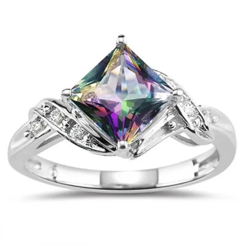 Fashion 4 Prong Setting Princess Square Cut Topaz Rings for Women Promise Bridal Wedding Ring Jewelry