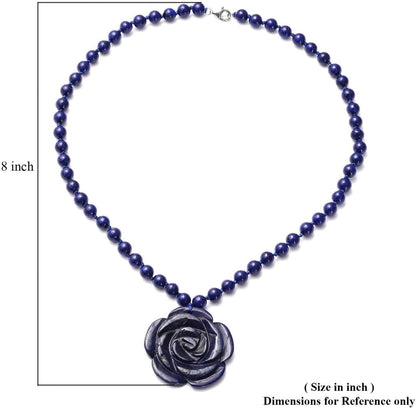Carved Rose Blue Lapis Lazuli Beaded Necklace for Women 925 Sterling Silver Rhodium Plated Gifts for Women Size 18" Birthday Gifts