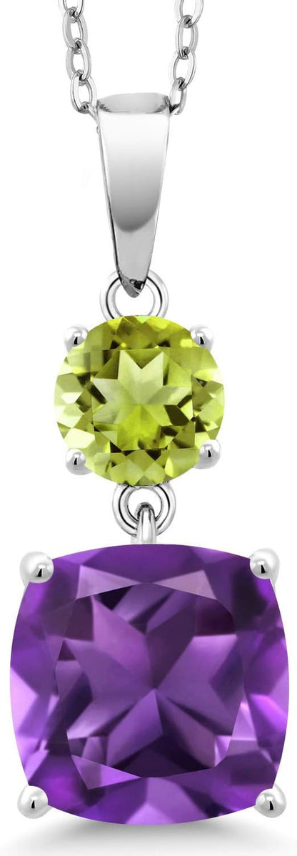 925 Sterling Silver Purple Amethyst and Green Peridot Pendant Necklace for Women (4.00 Cttw, Gemstone February Birthstone, Cushion 10MM, round 6MM)
