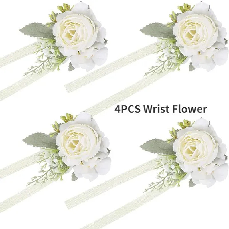 4Pcs Peony Wrist Corsages Bride Wristlet Band Bracelet Men Boutonnieres Set for Wedding Flowers Mother of Bride and Groom, Party Prom Flowers