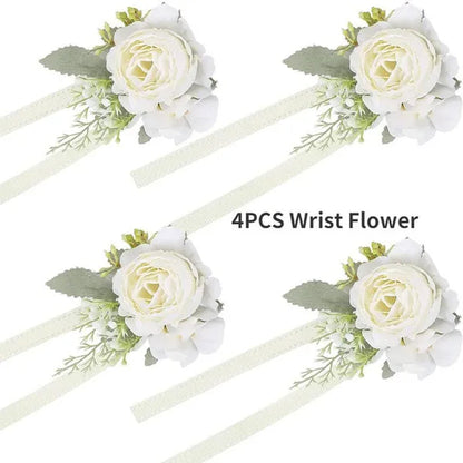4Pcs Peony Wrist Corsages Bride Wristlet Band Bracelet Men Boutonnieres Set for Wedding Flowers Mother of Bride and Groom, Party Prom Flowers