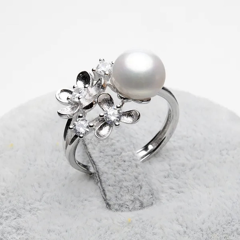 Flower 925 Sterling Silver White Natural Freshwater Cultured Pearl Ring for Women'S Fine Jewelry