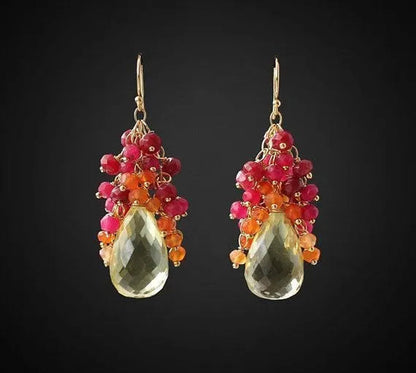 Gemstone Earrings Drop Earrings Ruby Earrings Cluster Earrings Lemon Topaz Earrings