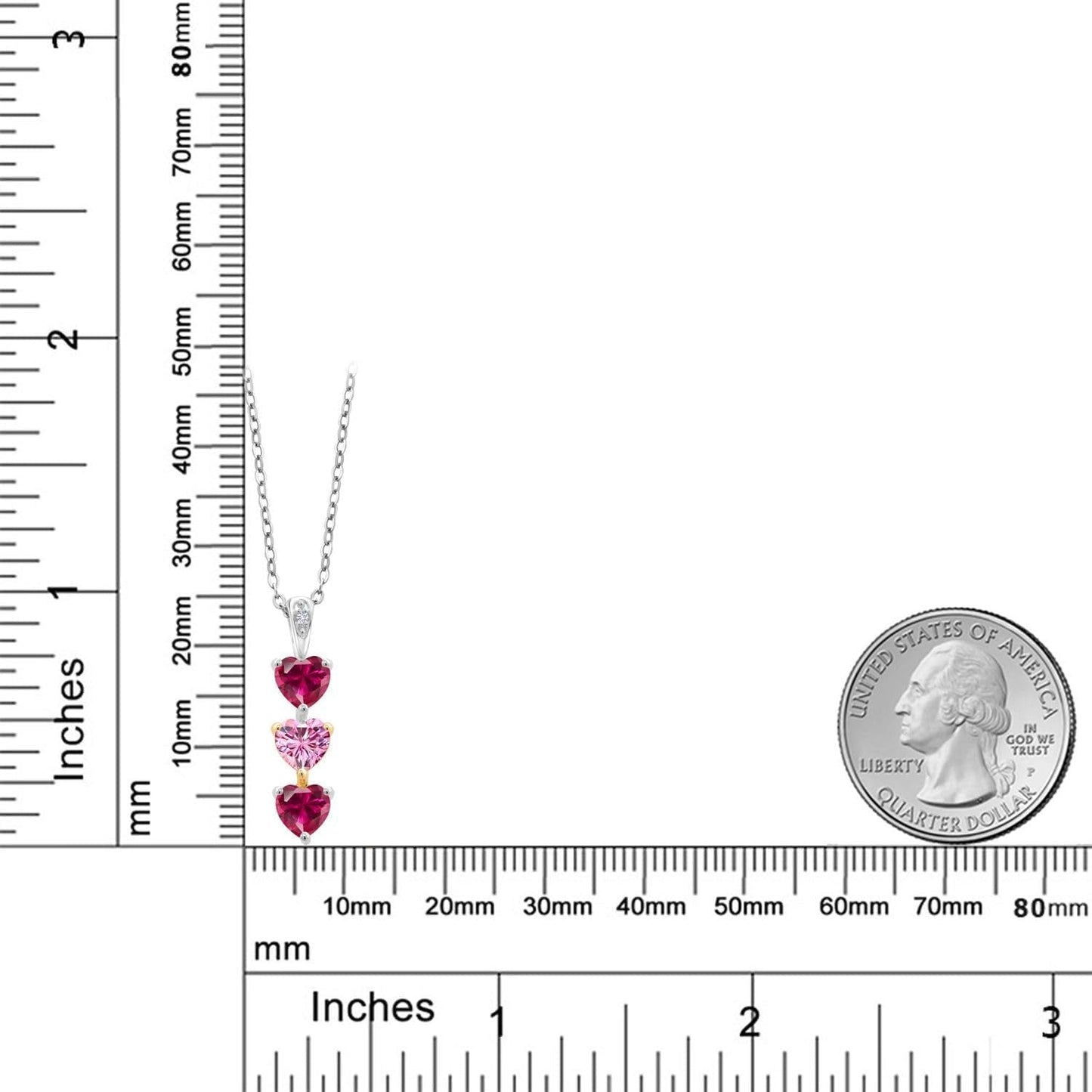 Keren Hanan Lab Grown Diamond 3 Stone Heart Shape Pendant Necklace with Chain 925 Silver and 10K Yellow Gold Created Ruby Pink Moissanite (1.71 Cttw)