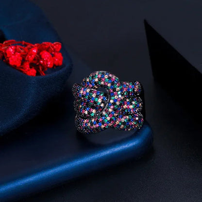 Gloriya Adjustable Women Exaggerated Full Micro Cubic Zirconia Unique Open Cuff Large Ring for Cocktail Personality Finger Jewelry
