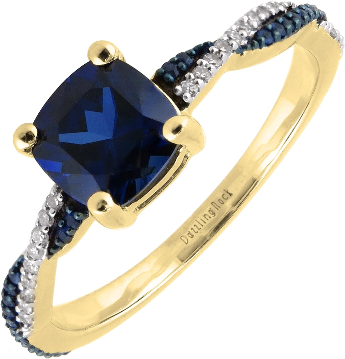 6 MM Cushion Lab Created Blue Sapphire with round Blue Sapphire & Diamond Ladies Engagement Ring | 10K Yellow Gold, Size 7