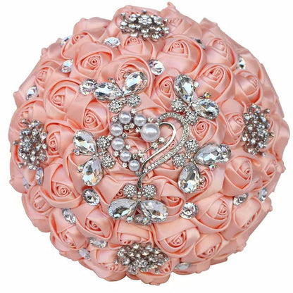 18CM Butterfly Love Diamond Brooch Bridal Bouquet Ribbon Silk Rose Wedding Simulation Flower Bouquet Handmade Bridesmaid Holding Flowers