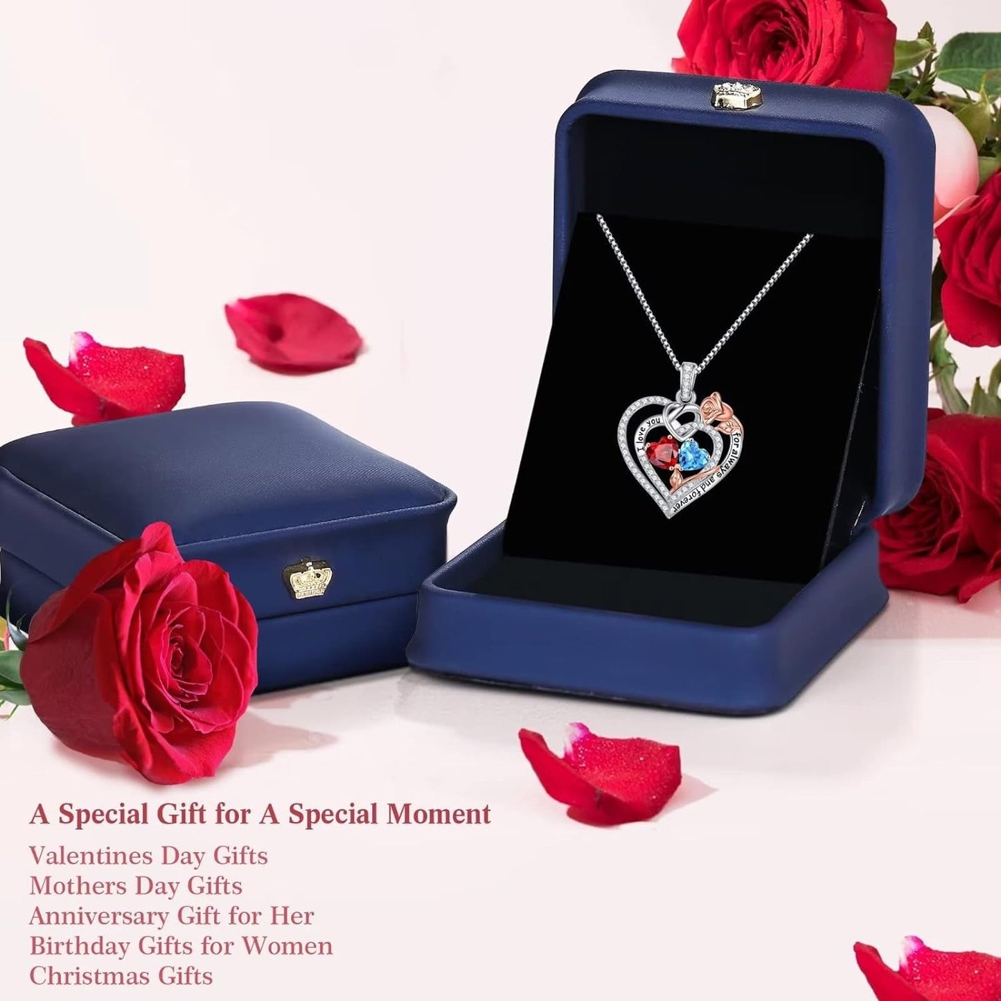Rose Heart Necklaces Gifts for Her - 925 Sterling Silver Rose Heart Birthstone Necklace Anniversary Birthday Gifts Jewelry Valentines Mothers Day Gifts for Women Wife Girlfriend Mom