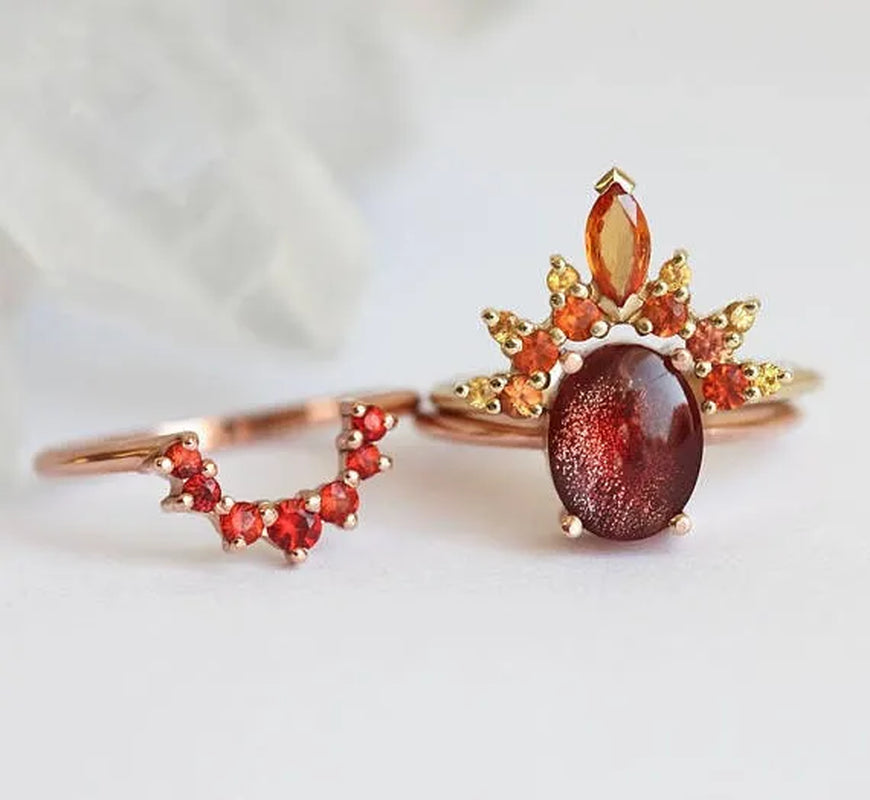 Bohemia Creative Rose Gold Stack with Diamond Gem Three-piece Ring for Women Ruby Crystal Ring Set Jewelry Gifts