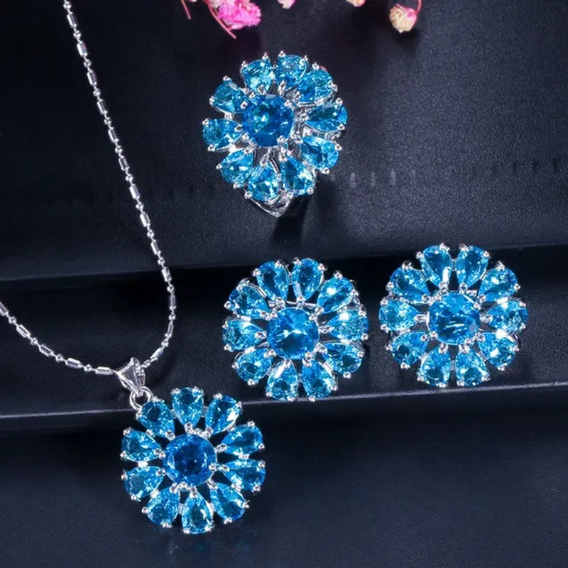 Gloriya Shining Purple Stone Sun Flower Pendant Necklace Earrings Ring Set For Women Newest Silver Color Jewelry