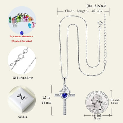 Mom Cross Necklace 925 Sterling Silver Mother Pendant Birthstone Mum Jewelry for Women