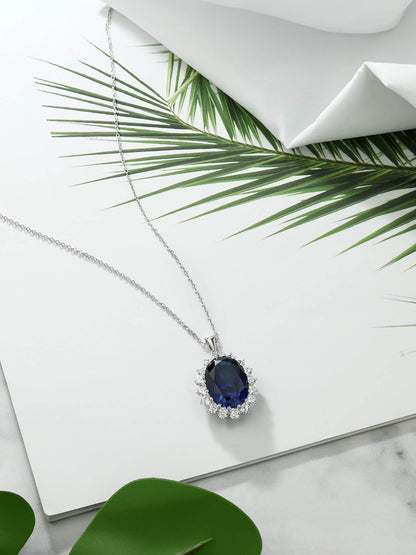 925 Sterling Silver Blue Simulated Sapphire Pendant Necklace for Women | 13.00 Cttw | Oval 13X18MM | with 18 Inch Silver Chain
