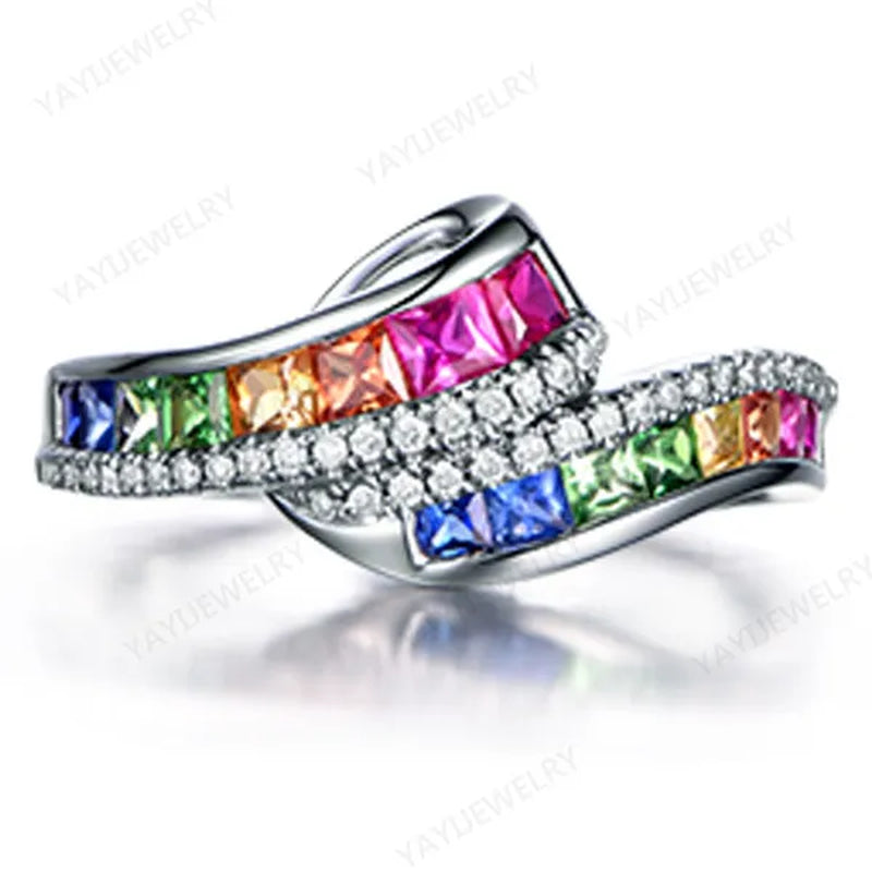 Princess  silver cut Ruby Emerald & Sapphire & Topaz & Ruby Multicolor Natural Gemstone Engagement Bride Ring Jewelry