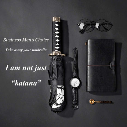 Samurai Katana Master Sword Hilt Handle Folding Umbrella Anime Portable Travel Japanese Ninja Compact Umbrellas Windproof, Black Glue anti UV, Business Birthday Gift for Men